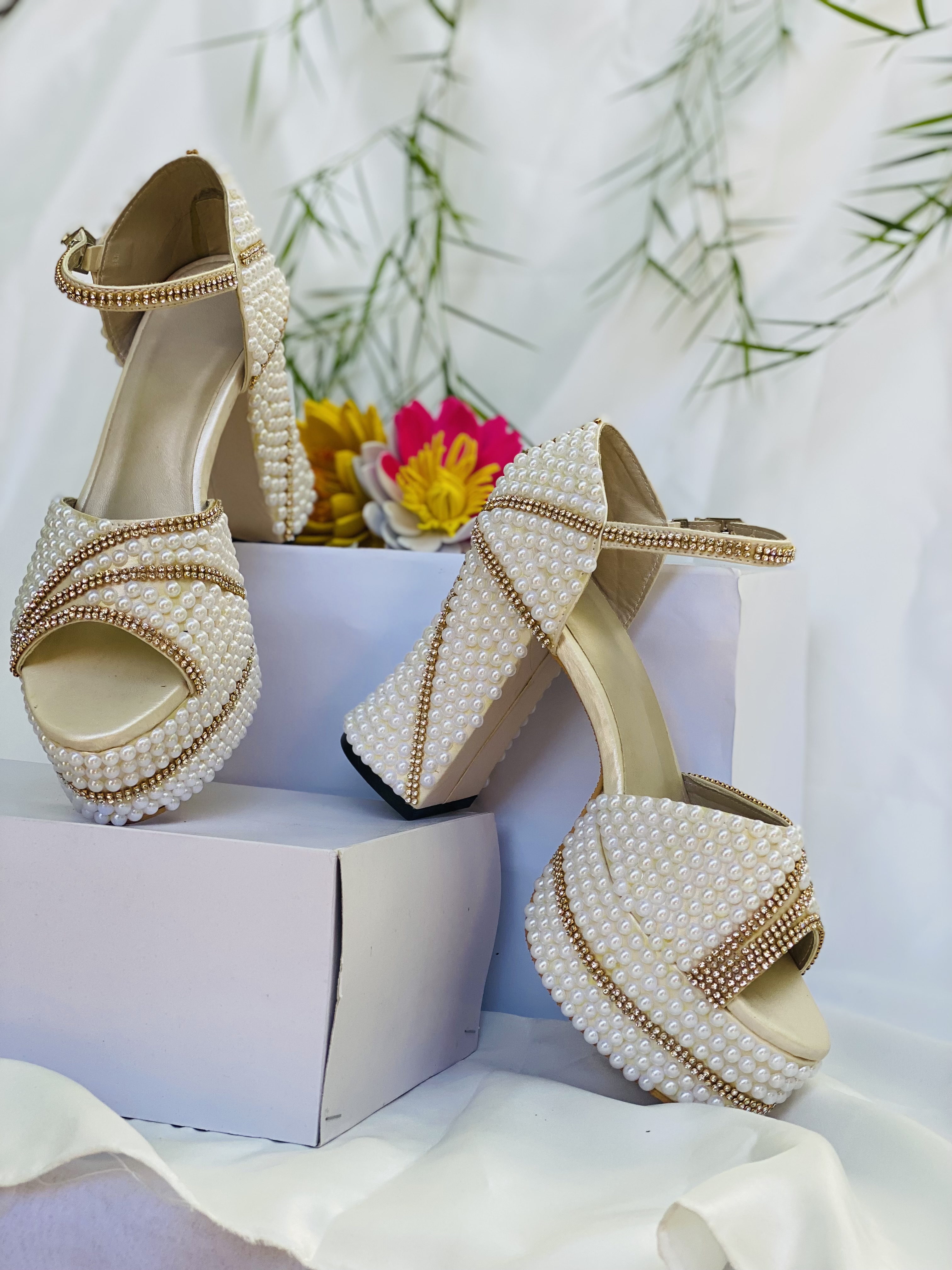 Aurelia Celestine blush block-heel bridal shoe with gold buckle
