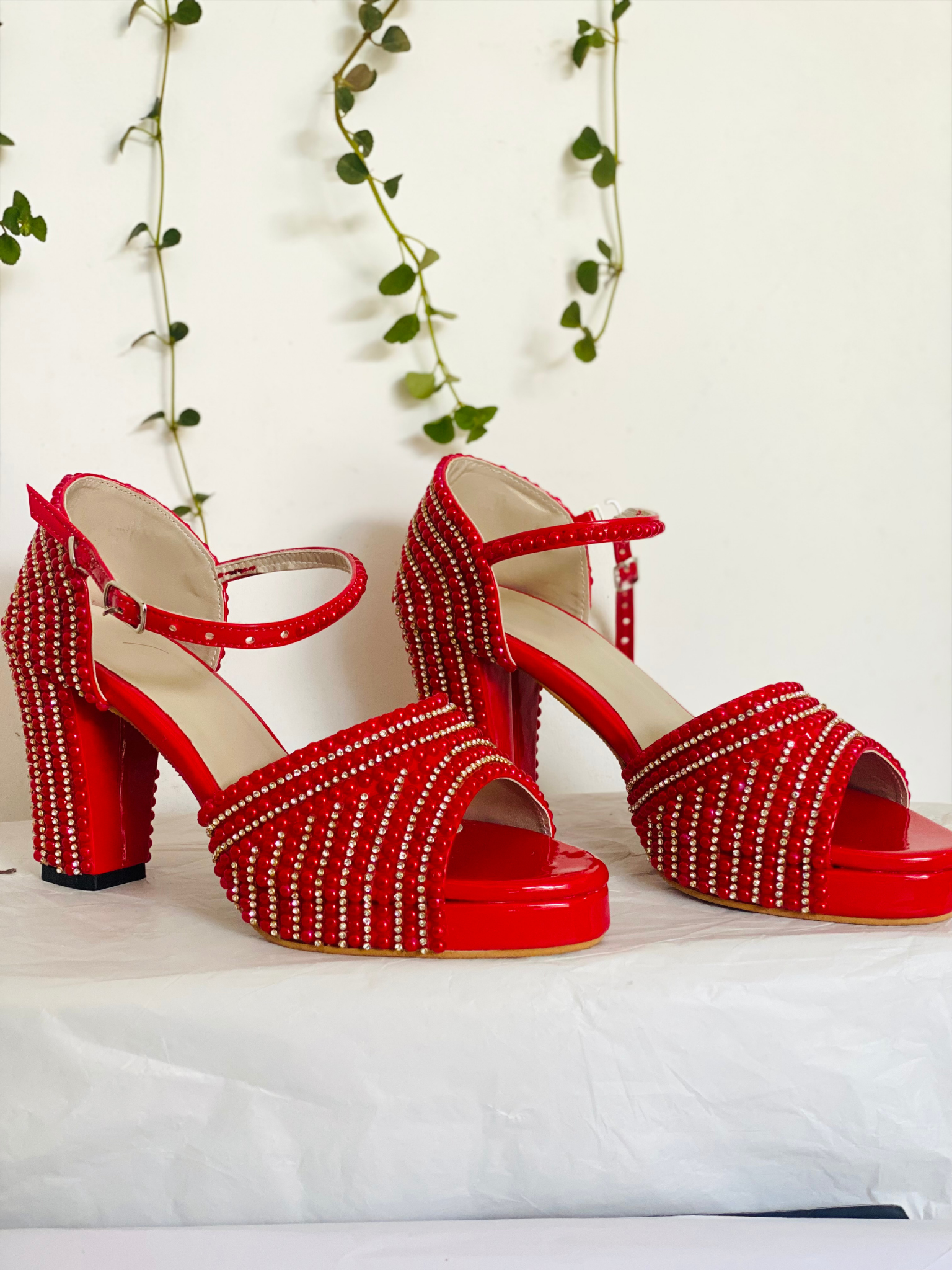 AH3.5-0009 — red bridal heel with silver stones