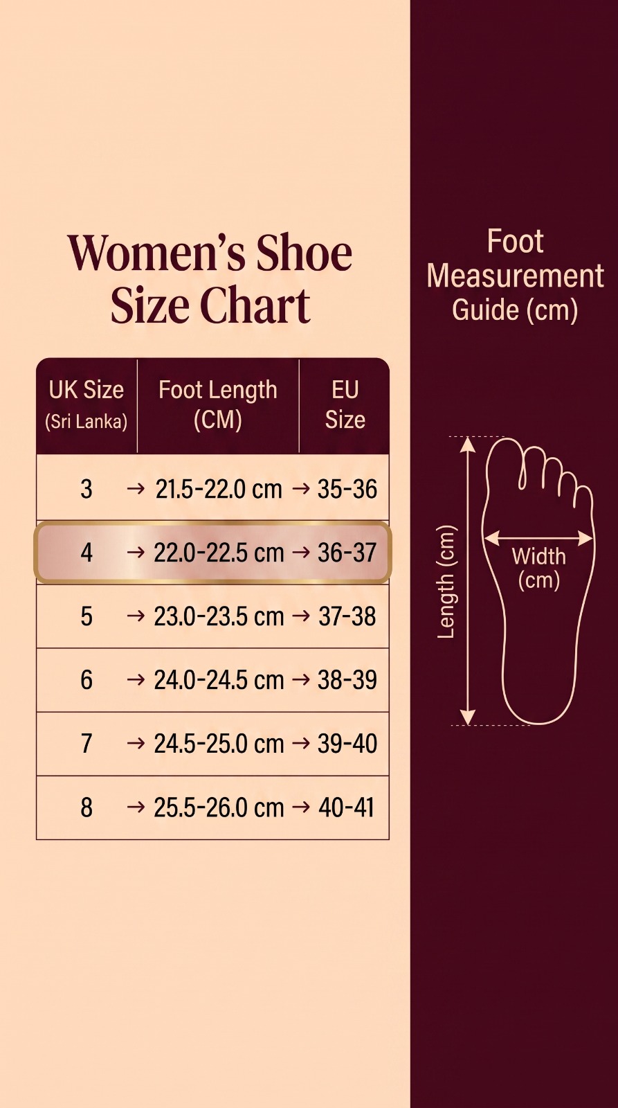 Aurelia Heels shoe size chart